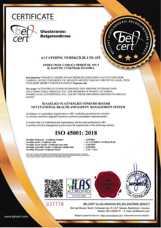 A1 Catering Sertifika ISO 45001:2018 İş Sağlığı ve Güvenliği Yönetim Sistemi